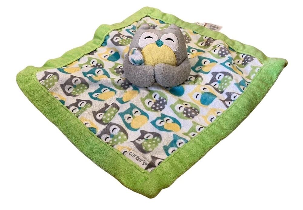 Carters Owl Baby Security Blanket Lovey Plush Soft Green Gray 13x13” Toy Stuffed